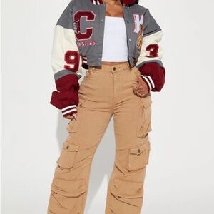 Fashion Nova Gray and Red Varsity Jacket